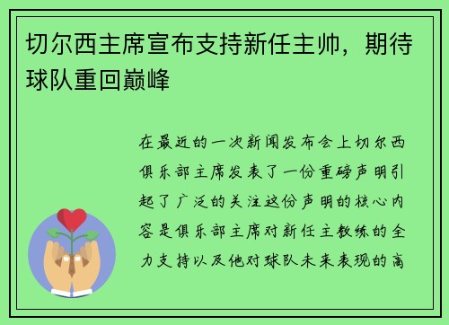 切尔西主席宣布支持新任主帅，期待球队重回巅峰